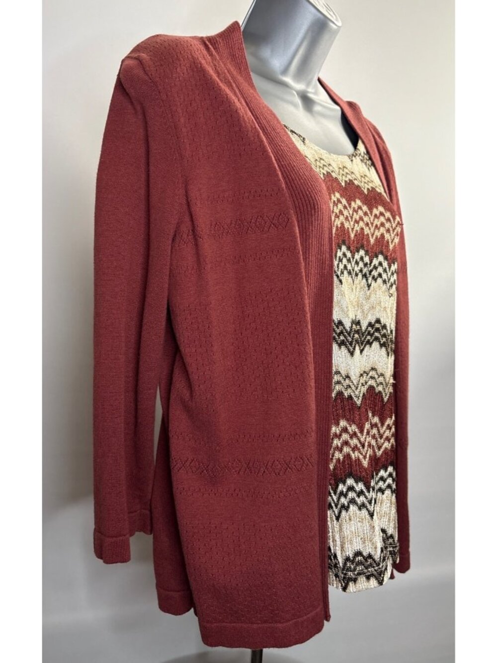 Alfred Dunner Chevron Layered Top Womens Petite Cardigan Rust Gold Tan Patterned - Picture 3 of 16